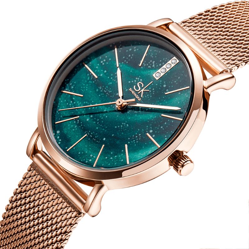 Shengke Sk K0103 Aurora Starry Dial Crystal Dame Elegant Mesh Stålrem Kvartsklokke