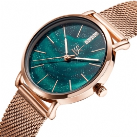 Shengke Sk K0103 Aurora Starry Dial Crystal Dame Elegant Mesh Stålrem Kvartsklokke