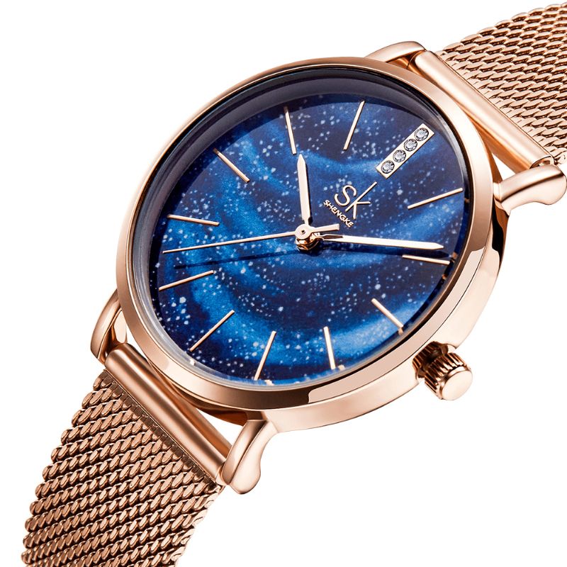 Shengke Sk K0103 Aurora Starry Dial Crystal Dame Elegant Mesh Stålrem Kvartsklokke