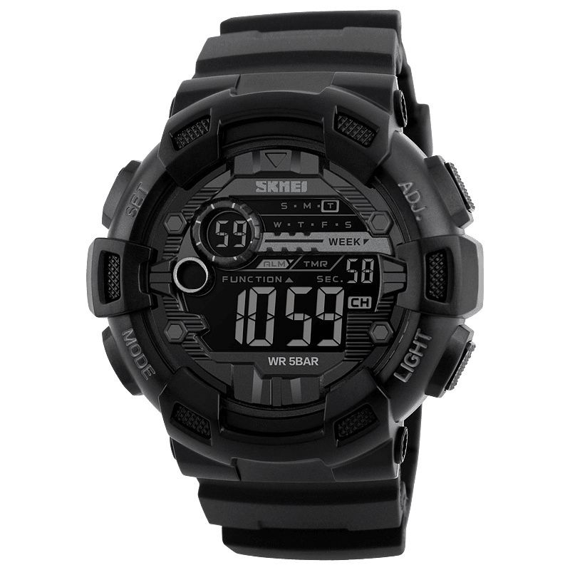 Skmei 1243 Luminous Week Display Stoppeklokke Nedtelling 5Atm Vanntett Dual-Time Sport Herre Digital Watch