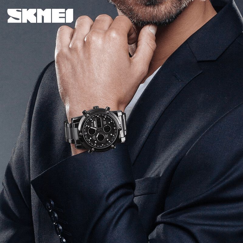 Skmei 1389 Business Style Multifunksjon Big Dial Kvartsklokke Vanntett Stålbånd Herrearmbåndsur