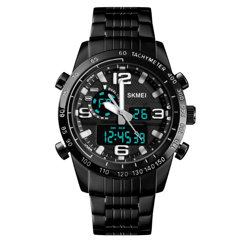 Skmei 1453 Luxury Herre Stoppeklokke Kalender Sport Rustfritt Stål Dual Display Digital Watch