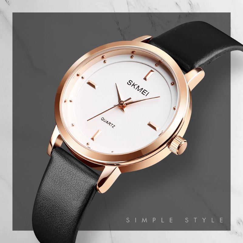 Skmei 1457 Kvinner Mote Enkel Urskive Rose Gold Case Leather Strap Kvartsklokke