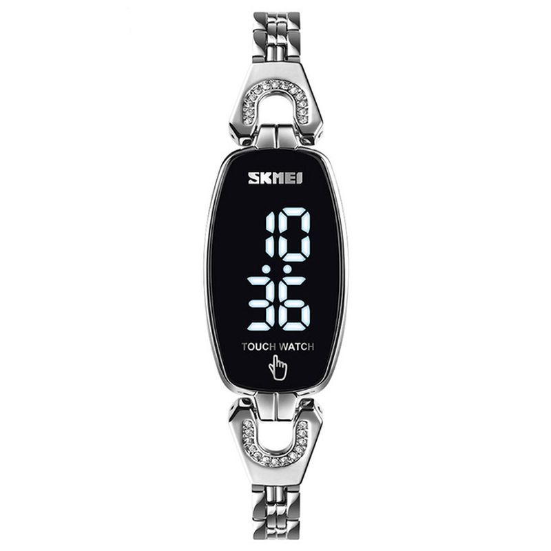 Skmei 1588 Diamond Rectangle Dial Dame Armbånd Watch Full Steel Touch Screen Digital Watch