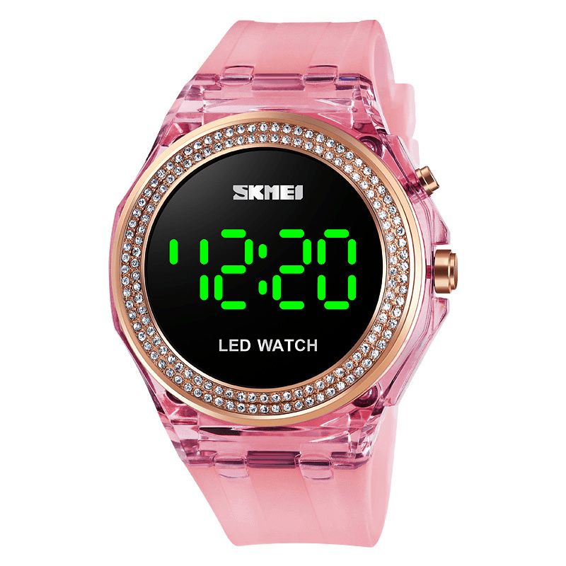 Skmei 1597 Fashion Dame Klokke Diamantskive Transparent Pu Stropp Lysende Display Lady Digital Watch