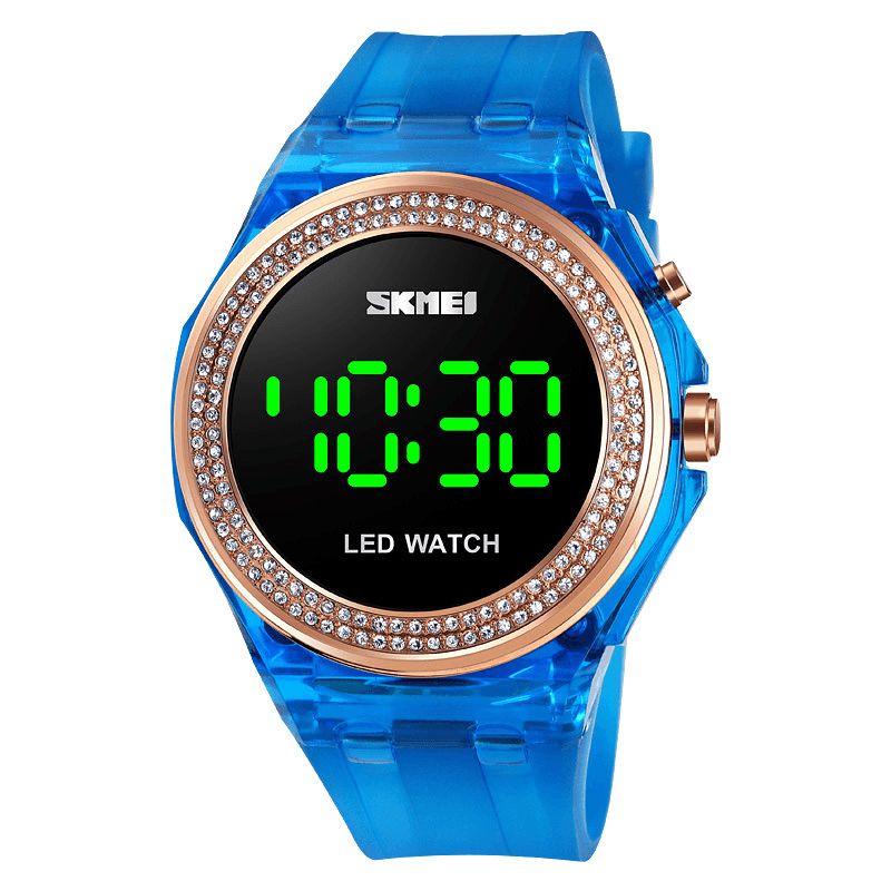 Skmei 1597 Fashion Dame Klokke Diamantskive Transparent Pu Stropp Lysende Display Lady Digital Watch