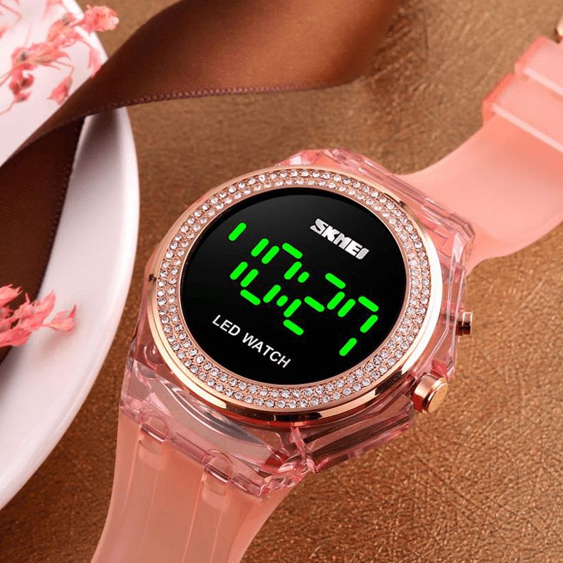 Skmei 1597 Fashion Dame Klokke Diamantskive Transparent Pu Stropp Lysende Display Lady Digital Watch