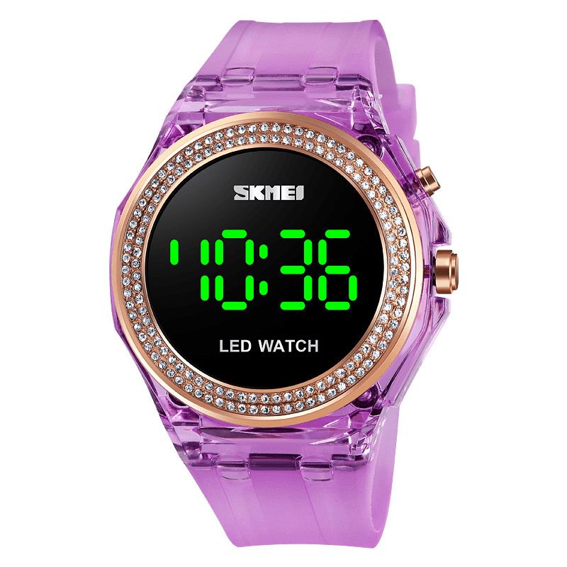 Skmei 1597 Fashion Dame Klokke Diamantskive Transparent Pu Stropp Lysende Display Lady Digital Watch