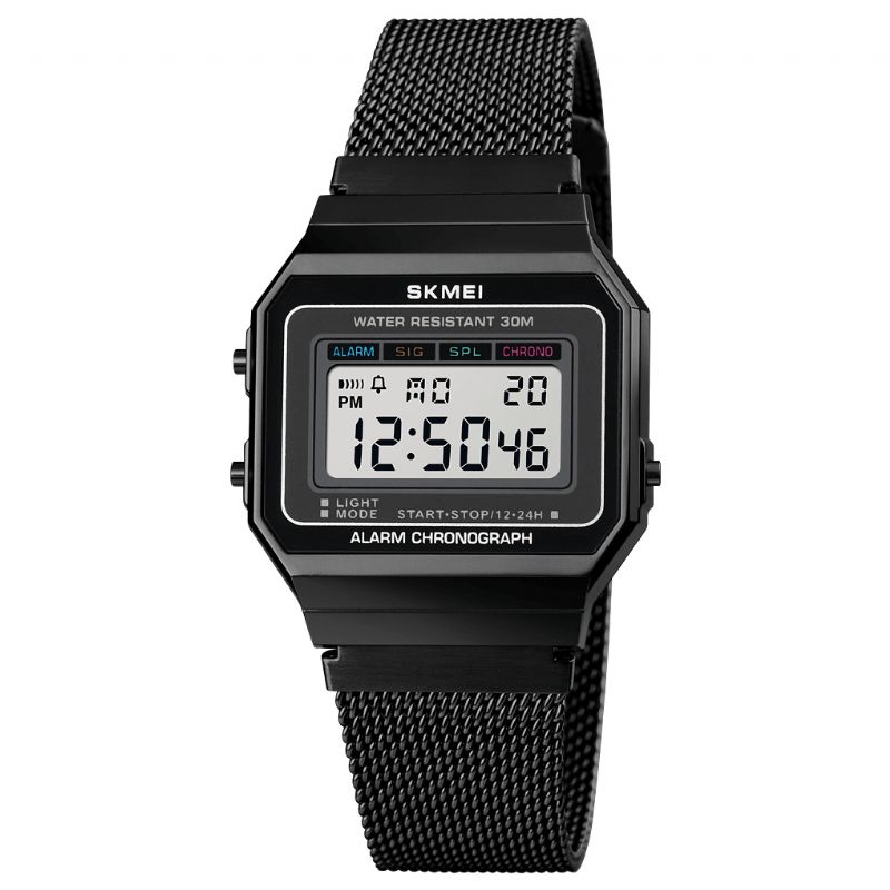 Skmei 1660 Fashion Stoppeklokke Lysende Display Menn Vanntett Watch Mesh Strap Digital Watch