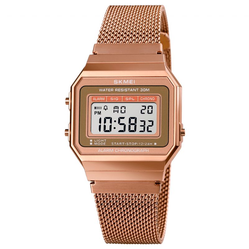 Skmei 1660 Fashion Stoppeklokke Lysende Display Menn Vanntett Watch Mesh Strap Digital Watch