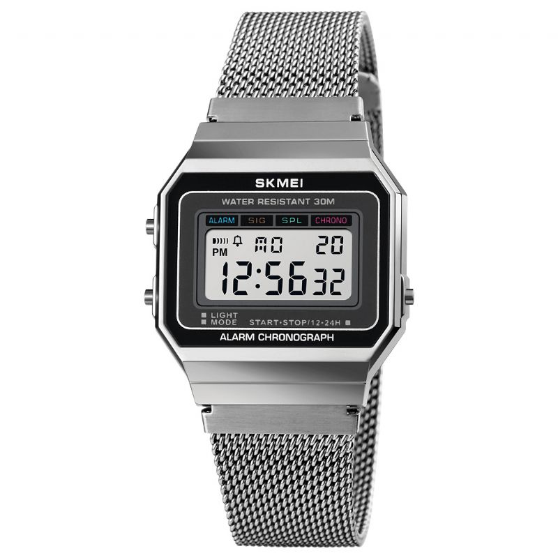 Skmei 1660 Fashion Stoppeklokke Lysende Display Menn Vanntett Watch Mesh Strap Digital Watch