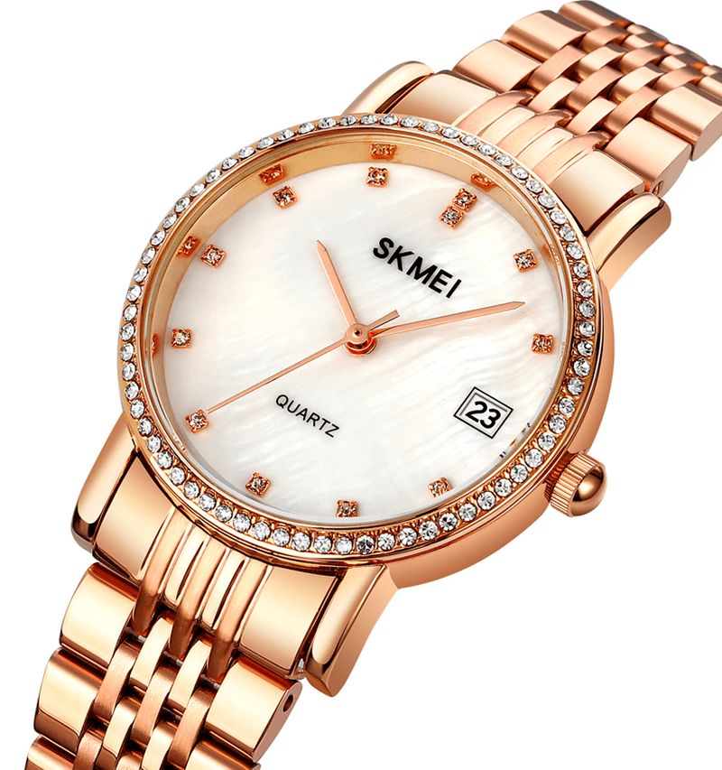 Skmei 1830 Mote Elegant Rhinestone Dekorasjon Shell Mønster Skive Rustfritt Stål Strap 3Atm Vanntett Kvinne Kvarts Klokke