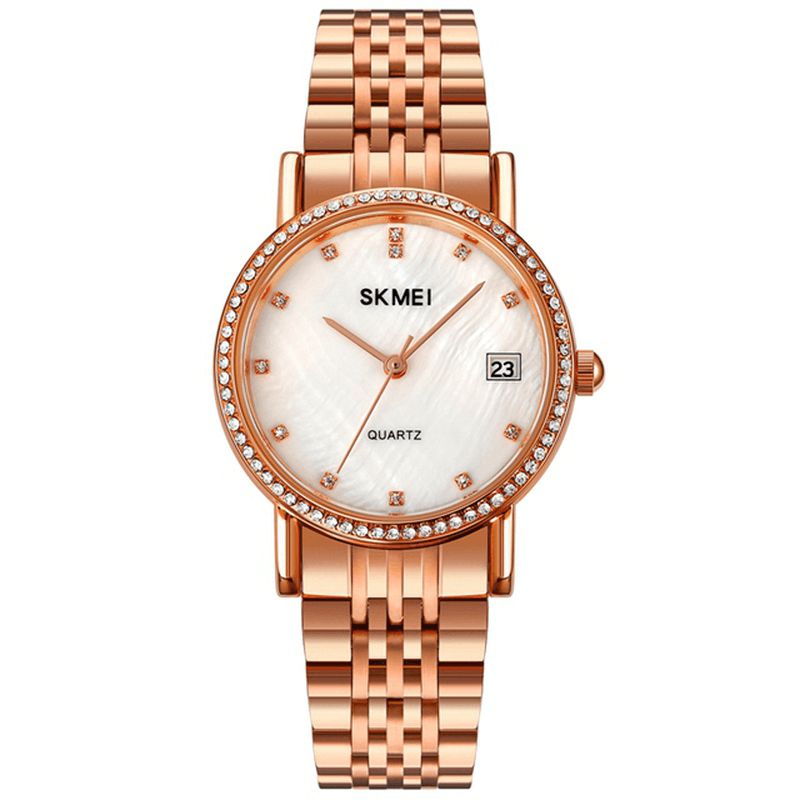 Skmei 1830 Mote Elegant Rhinestone Dekorasjon Shell Mønster Skive Rustfritt Stål Strap 3Atm Vanntett Kvinne Kvarts Klokke