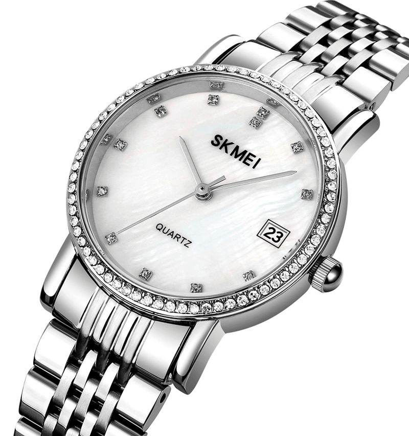 Skmei 1830 Mote Elegant Rhinestone Dekorasjon Shell Mønster Skive Rustfritt Stål Strap 3Atm Vanntett Kvinne Kvarts Klokke