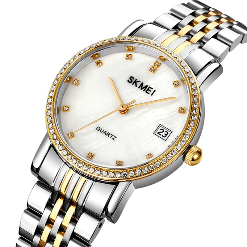 Skmei 1830 Mote Elegant Rhinestone Dekorasjon Shell Mønster Skive Rustfritt Stål Strap 3Atm Vanntett Kvinne Kvarts Klokke