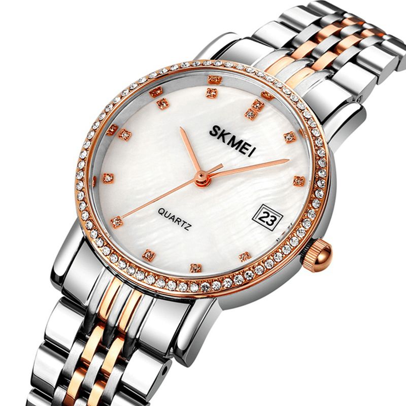 Skmei 1830 Mote Elegant Rhinestone Dekorasjon Shell Mønster Skive Rustfritt Stål Strap 3Atm Vanntett Kvinne Kvarts Klokke