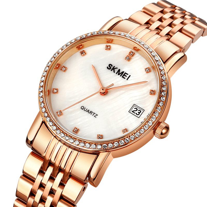 Skmei 1830 Mote Elegant Rhinestone Dekorasjon Shell Mønster Skive Rustfritt Stål Strap 3Atm Vanntett Kvinne Kvarts Klokke