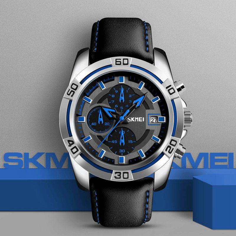 Skmei 9156 Sport Watch Chronograph Lærreim Vanntett Kvarts-Armbåndsur For Menn