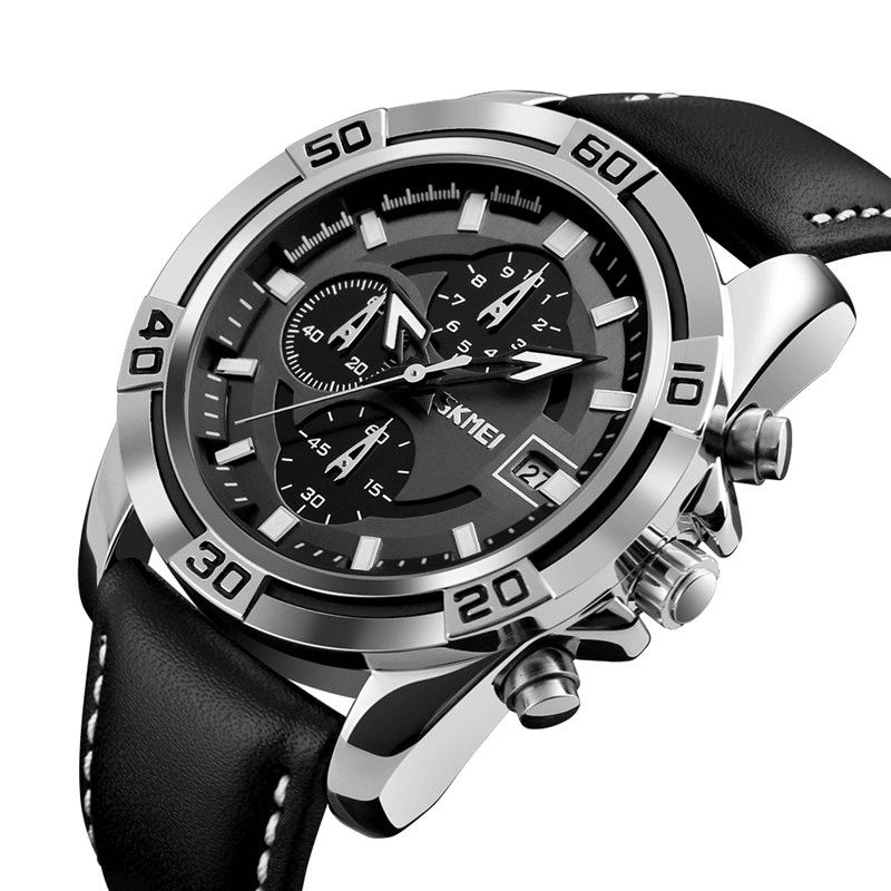 Skmei 9156 Sport Watch Chronograph Lærreim Vanntett Kvarts-Armbåndsur For Menn