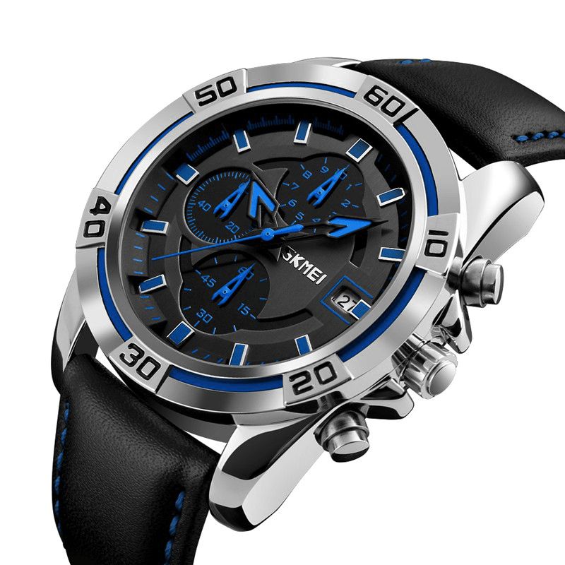 Skmei 9156 Sport Watch Chronograph Lærreim Vanntett Kvarts-Armbåndsur For Menn