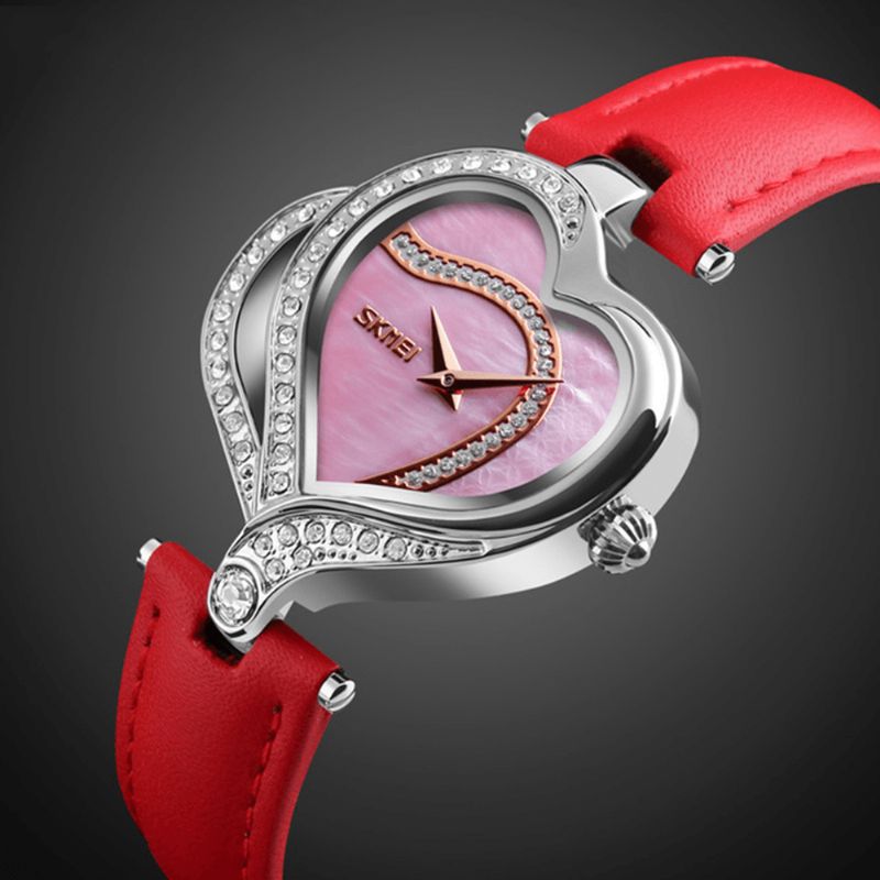 Skmei 9161 Sweet Love Fashion Style Dameklokker Crystal Leather Strap Kvartsklokke