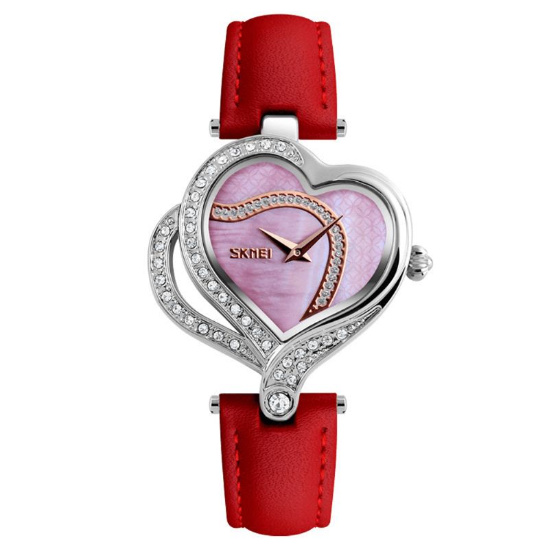 Skmei 9161 Sweet Love Fashion Style Dameklokker Crystal Leather Strap Kvartsklokke