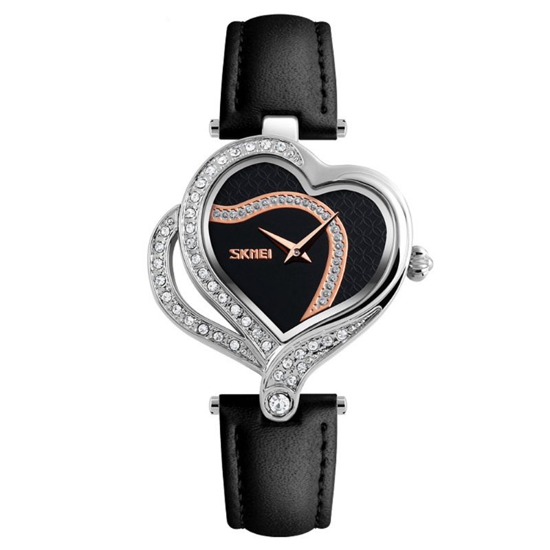 Skmei 9161 Sweet Love Fashion Style Dameklokker Crystal Leather Strap Kvartsklokke