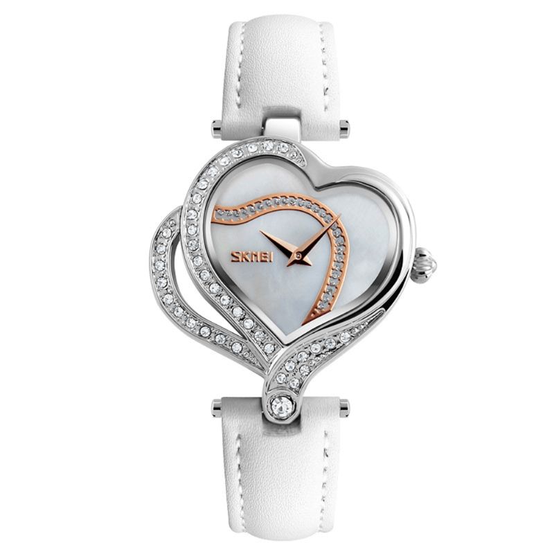 Skmei 9161 Sweet Love Fashion Style Dameklokker Crystal Leather Strap Kvartsklokke