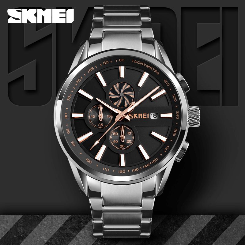 Skmei 9175 Multifunksjonskalender Business Style Herre Armbåndsur Steel Band Kvartsklokke