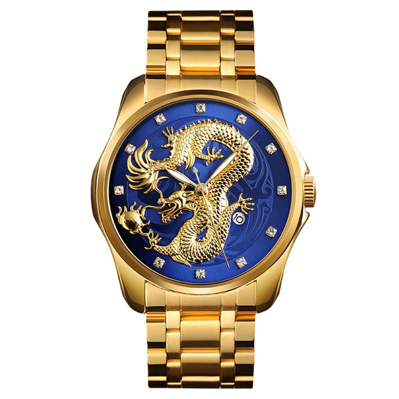 Skmei 9193 Luxury Chinese Dragon Pattern Golden Waterproof Herre Watch Kvartsklokke