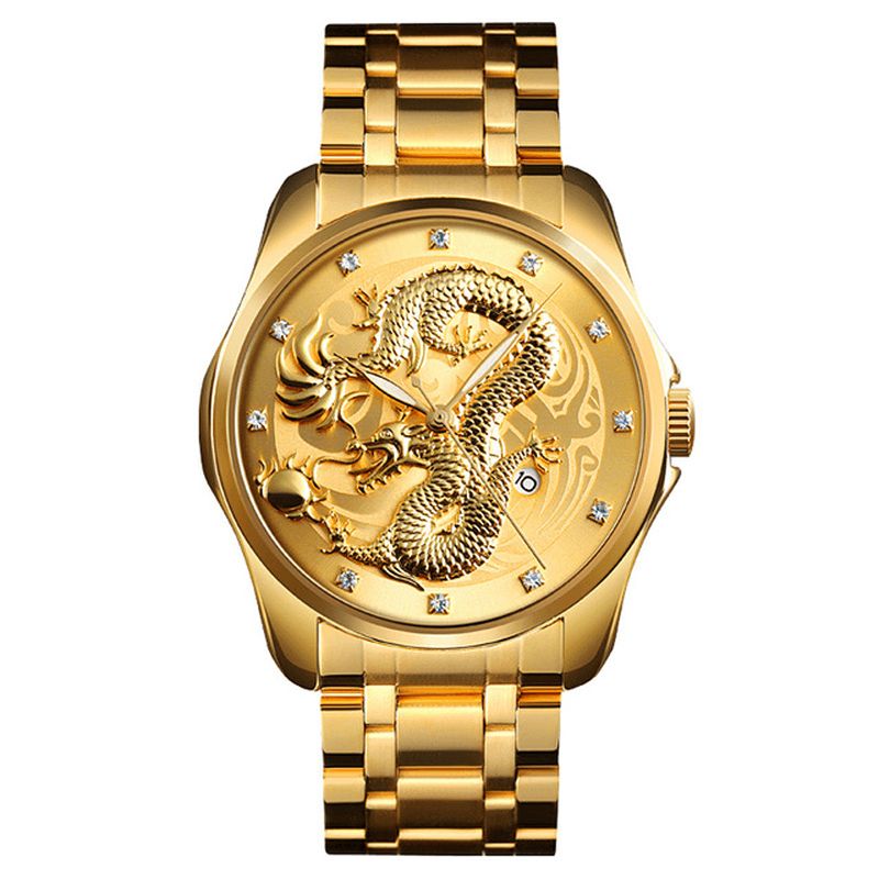 Skmei 9193 Luxury Chinese Dragon Pattern Golden Waterproof Herre Watch Kvartsklokke