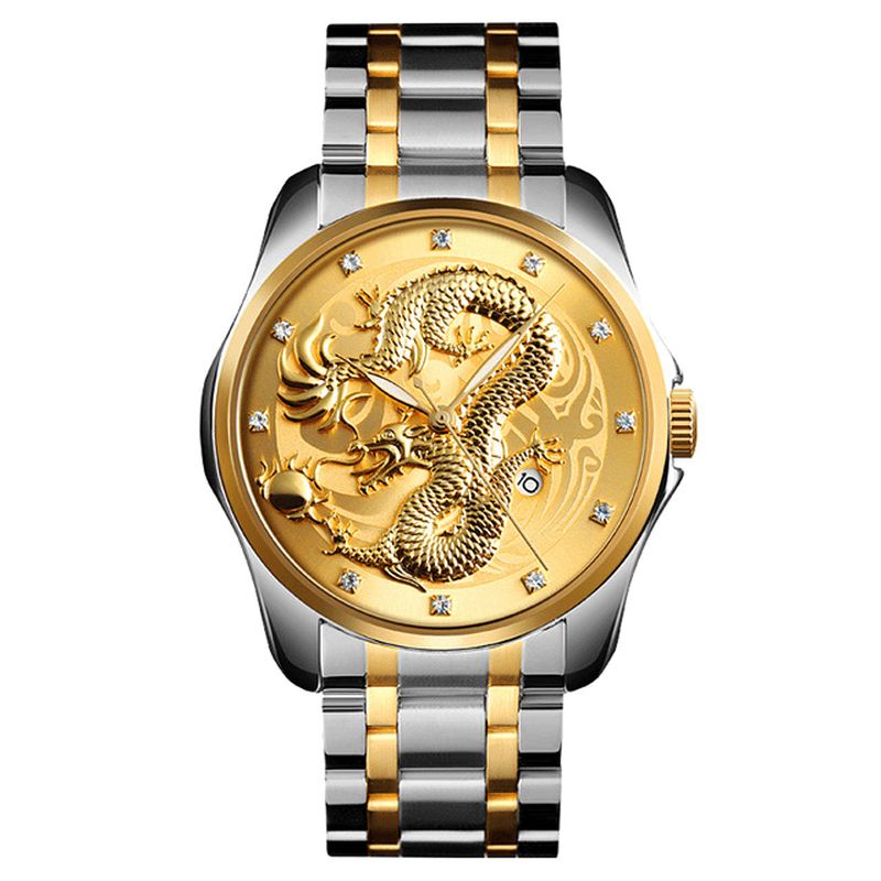 Skmei 9193 Luxury Chinese Dragon Pattern Golden Waterproof Herre Watch Kvartsklokke