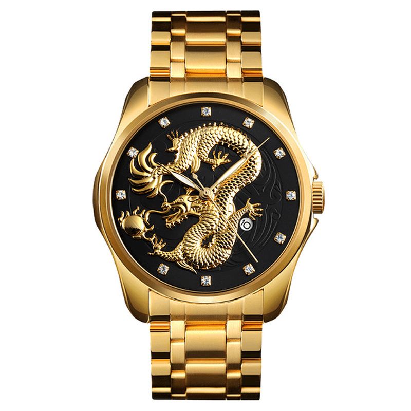 Skmei 9193 Luxury Chinese Dragon Pattern Golden Waterproof Herre Watch Kvartsklokke