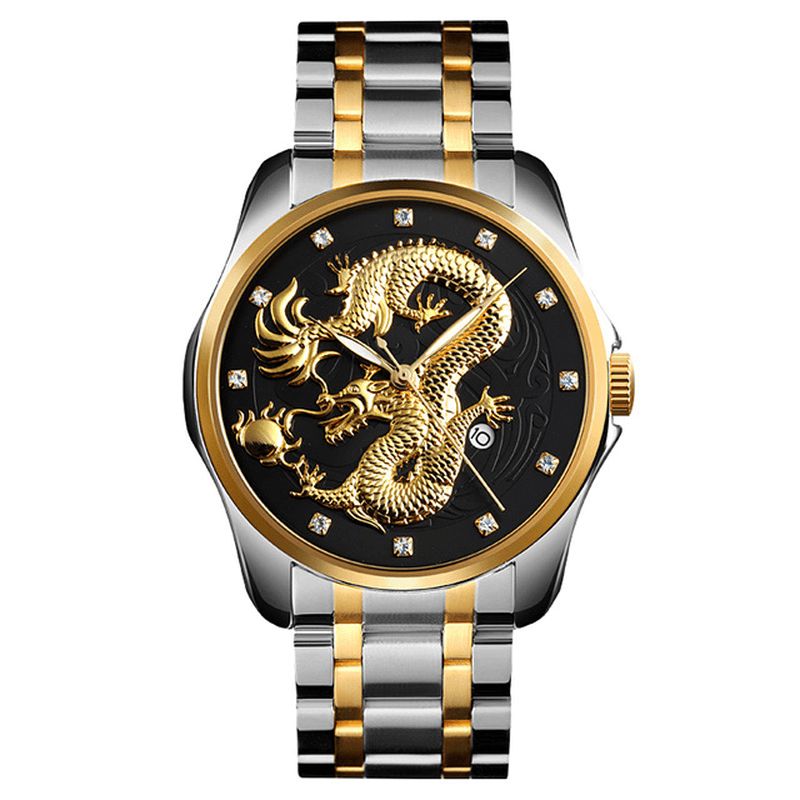 Skmei 9193 Luxury Chinese Dragon Pattern Golden Waterproof Herre Watch Kvartsklokke