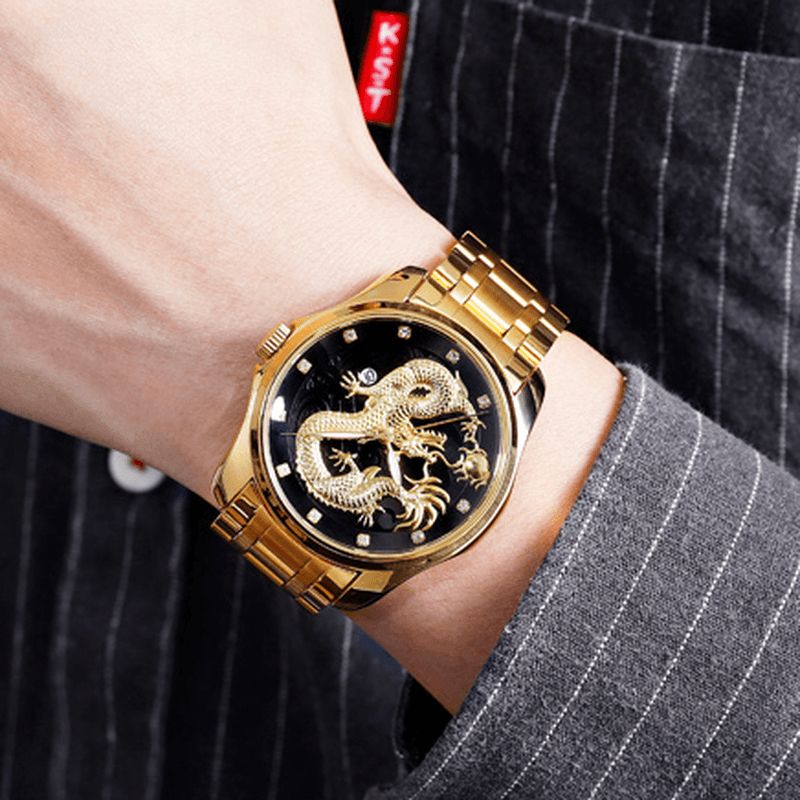 Skmei 9193 Luxury Chinese Dragon Pattern Golden Waterproof Herre Watch Kvartsklokke