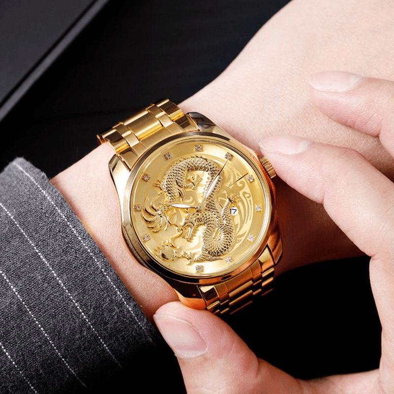 Skmei 9193 Luxury Chinese Dragon Pattern Golden Waterproof Herre Watch Kvartsklokke