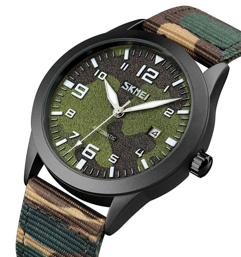 Skmei Elegant Herre Watch Luminous Pointer Camouflage Nylon Strap 3Atm Vanntett Herre Automatisk Mekanisk Klokke