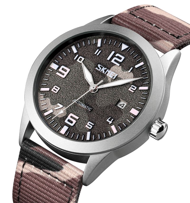 Skmei Elegant Herre Watch Luminous Pointer Camouflage Nylon Strap 3Atm Vanntett Herre Automatisk Mekanisk Klokke