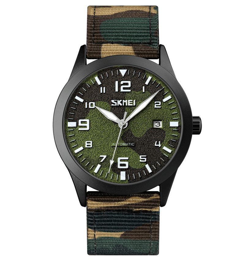 Skmei Elegant Herre Watch Luminous Pointer Camouflage Nylon Strap 3Atm Vanntett Herre Automatisk Mekanisk Klokke