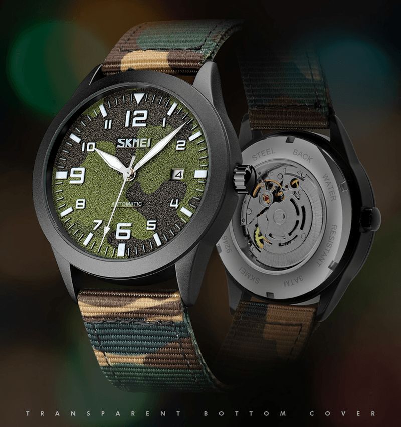 Skmei Elegant Herre Watch Luminous Pointer Camouflage Nylon Strap 3Atm Vanntett Herre Automatisk Mekanisk Klokke