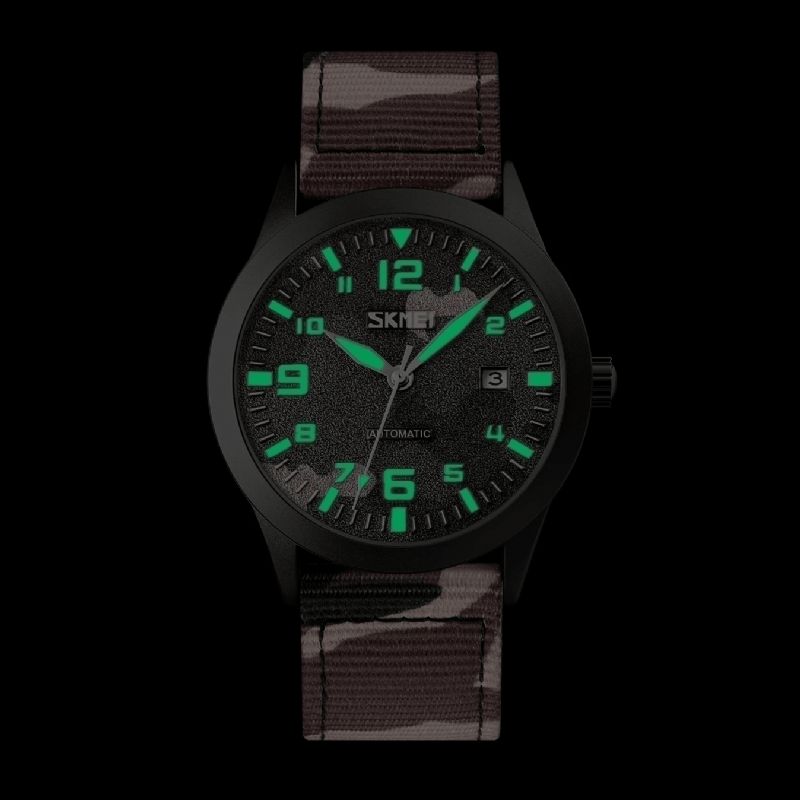 Skmei Elegant Herre Watch Luminous Pointer Camouflage Nylon Strap 3Atm Vanntett Herre Automatisk Mekanisk Klokke