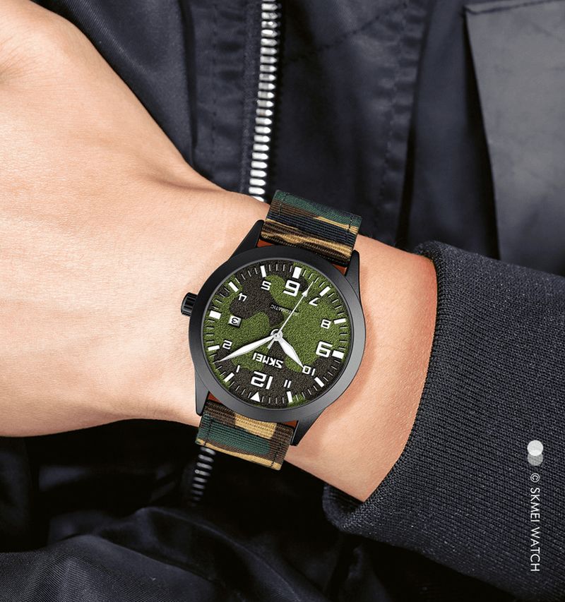 Skmei Elegant Herre Watch Luminous Pointer Camouflage Nylon Strap 3Atm Vanntett Herre Automatisk Mekanisk Klokke