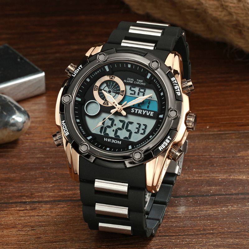 Stryve S8006 Dual Display Digital Watch Kronograf Alarm Stoppeklokke Lysende Display Sports Watch