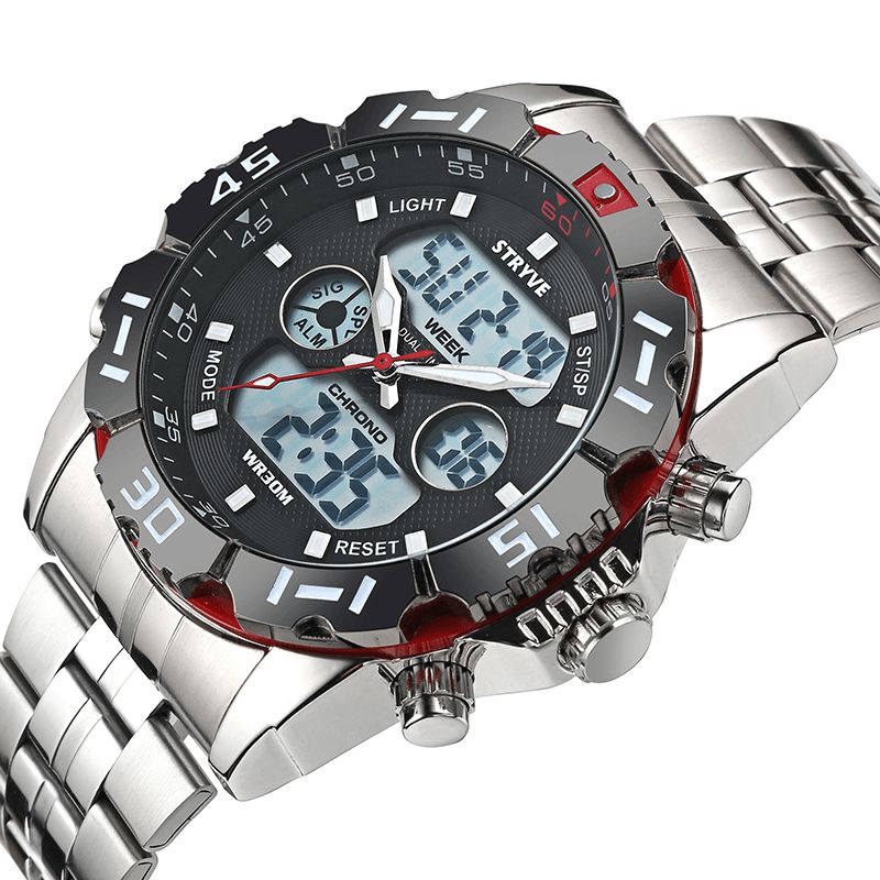 Stryve S8011 Chronograph Alarm Kalender Rustfritt Stål Sport Dual Display Digital Watch