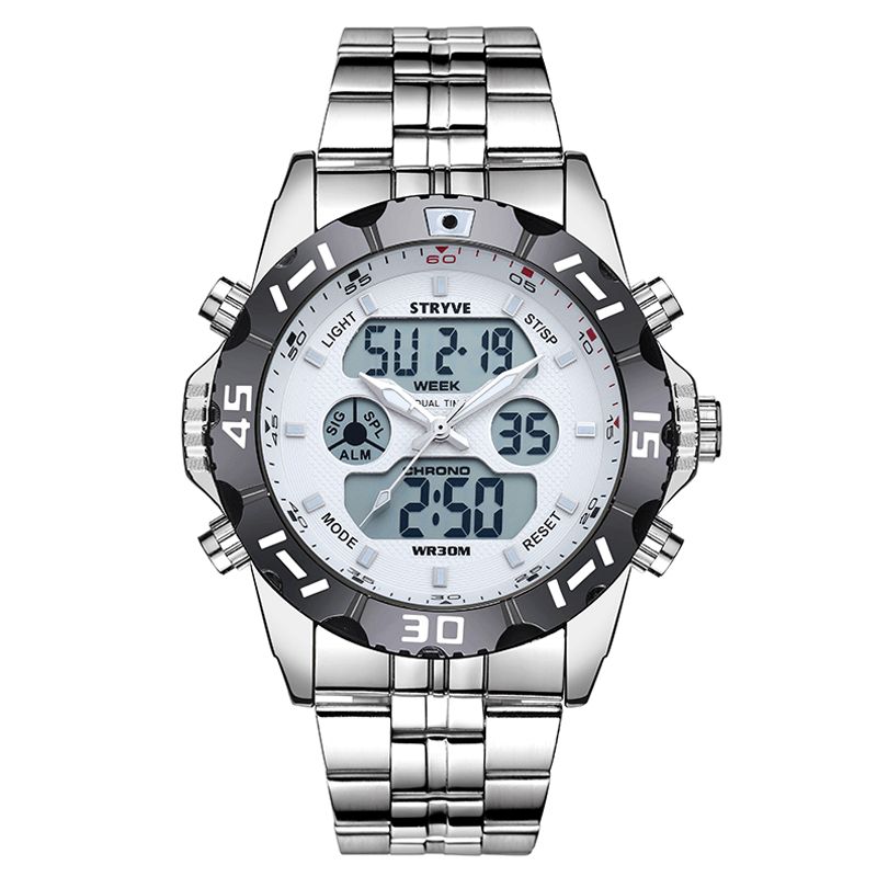 Stryve S8011 Chronograph Alarm Kalender Rustfritt Stål Sport Dual Display Digital Watch