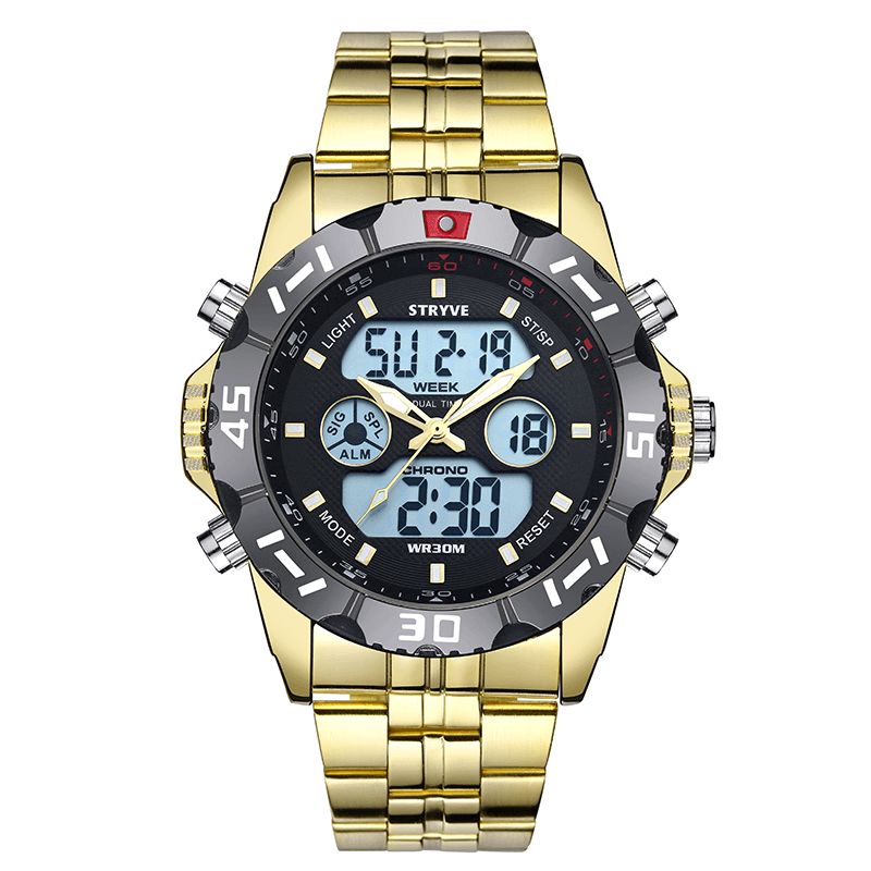 Stryve S8011 Chronograph Alarm Kalender Rustfritt Stål Sport Dual Display Digital Watch