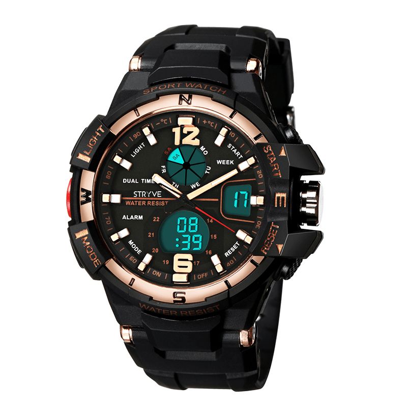 Stryve S8012 Chronograph Luminous Week Display Vanntett Menn Sport Dual Display Digital Watch