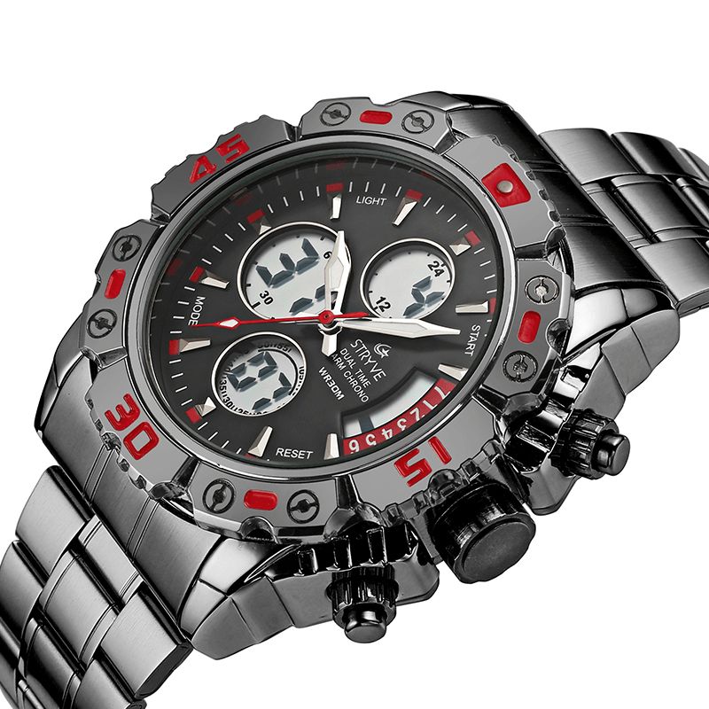 Stryve S8018 Menn Full Steel Vanntett Dato Uke Chrono Alarmklokke Dual Display Digital Watch