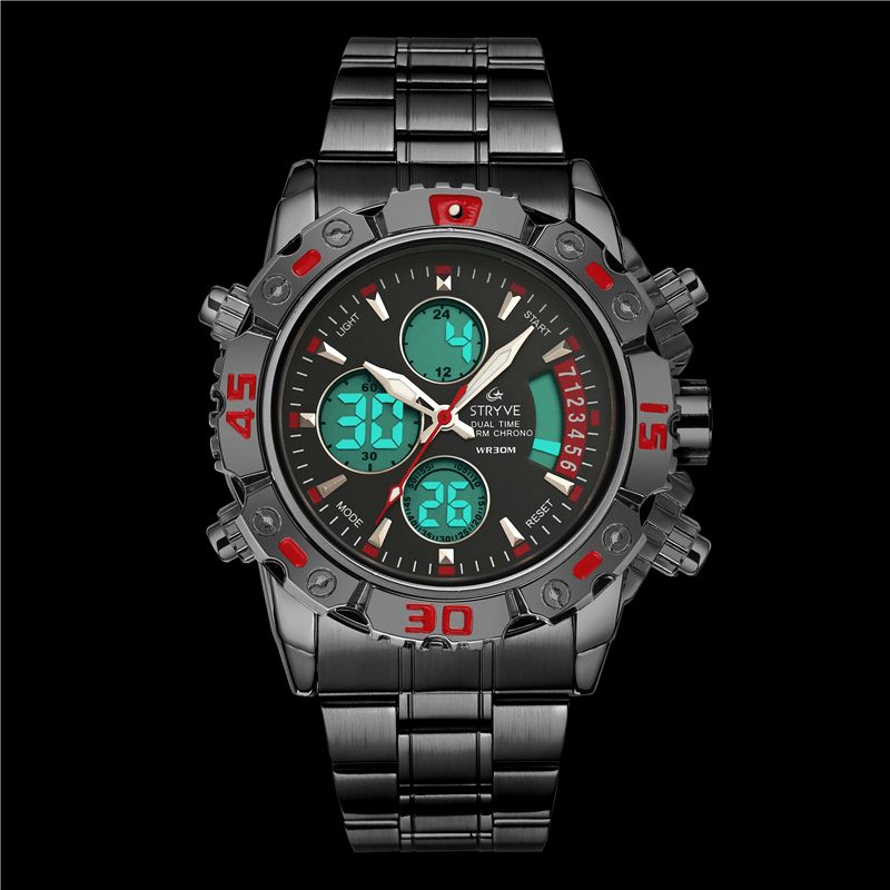 Stryve S8018 Menn Full Steel Vanntett Dato Uke Chrono Alarmklokke Dual Display Digital Watch