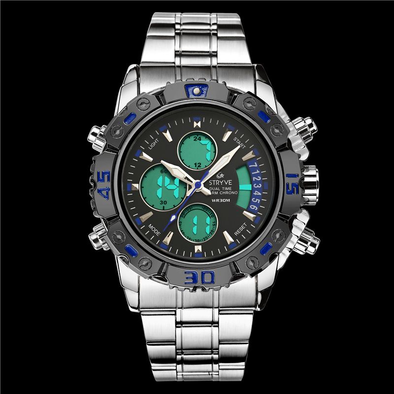 Stryve S8018 Menn Full Steel Vanntett Dato Uke Chrono Alarmklokke Dual Display Digital Watch